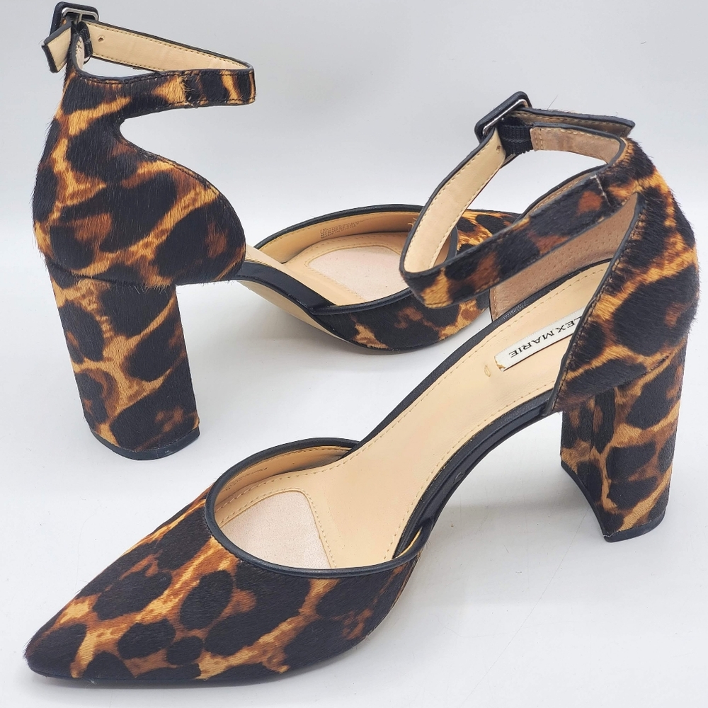 Alex Marie Leopard Ankle Strap Block Heels Leopard Print☆Real Fur
